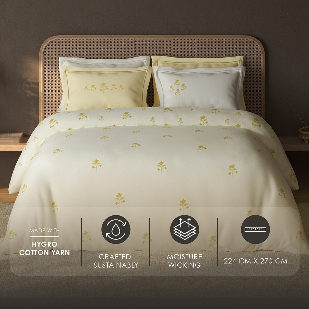 Spaces Sierra Floral 100% Hygro Cotton 210 TC Large Bedsheet with 4 Pillow Covers - 108 x 108 Inches, Light Yellow