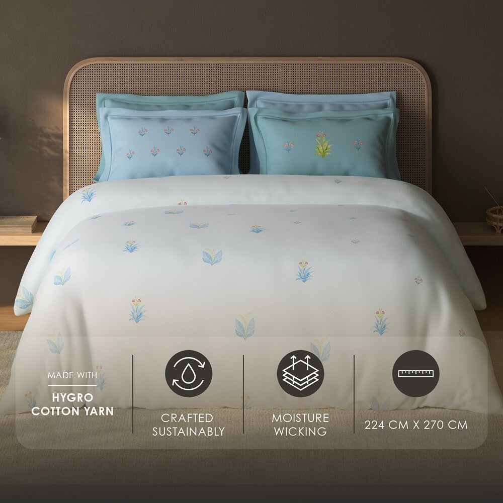 Spaces Sierra Floral 100% Hygro Cotton 210 TC Large Bedsheet with 4 Pillow Covers - 108 x 108 Inches, White