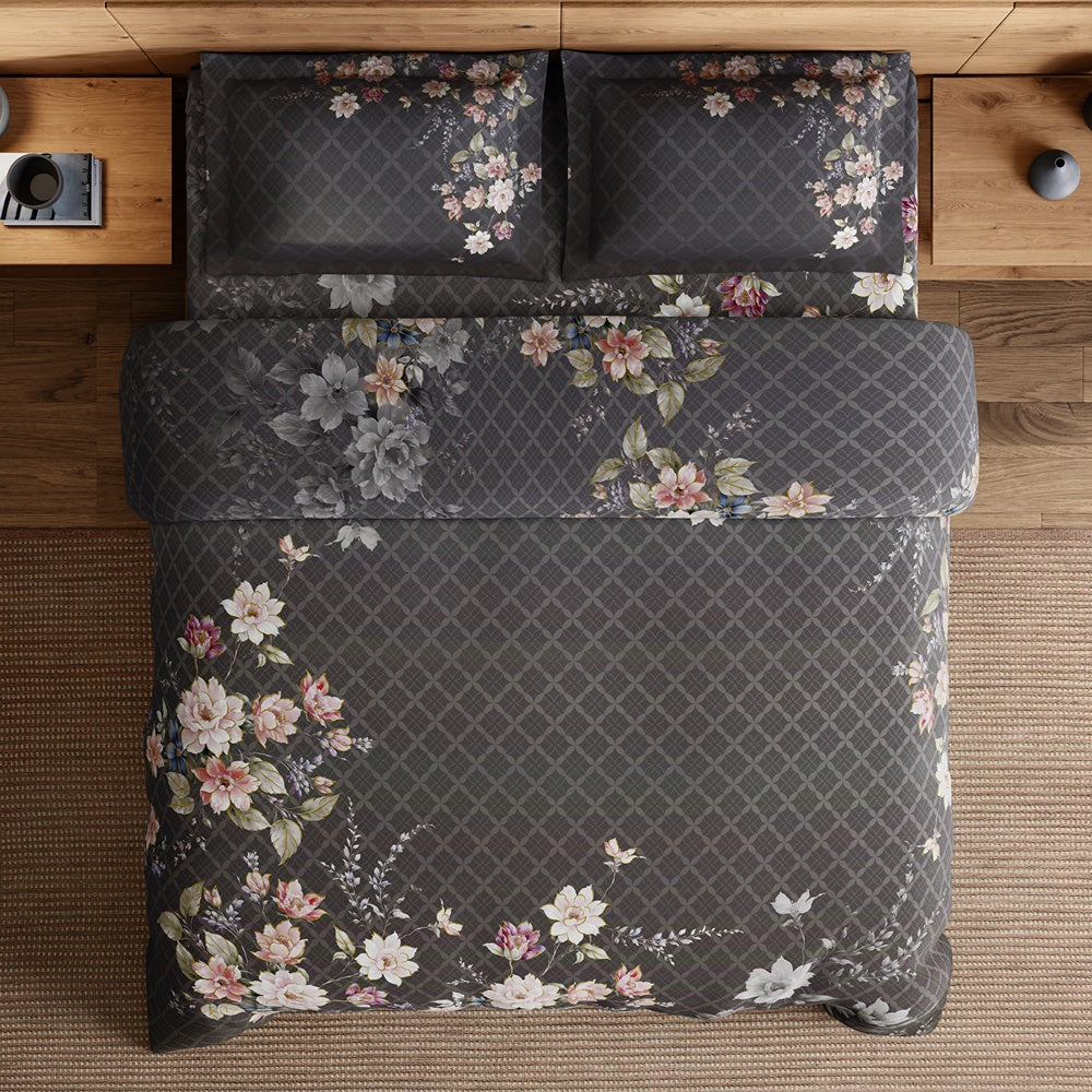 Spaces Avaris 100% Cotton 210 TC Floral Large Bedsheet with 2 Pillow Covers - 108 x 108 Inches, Dark Brown