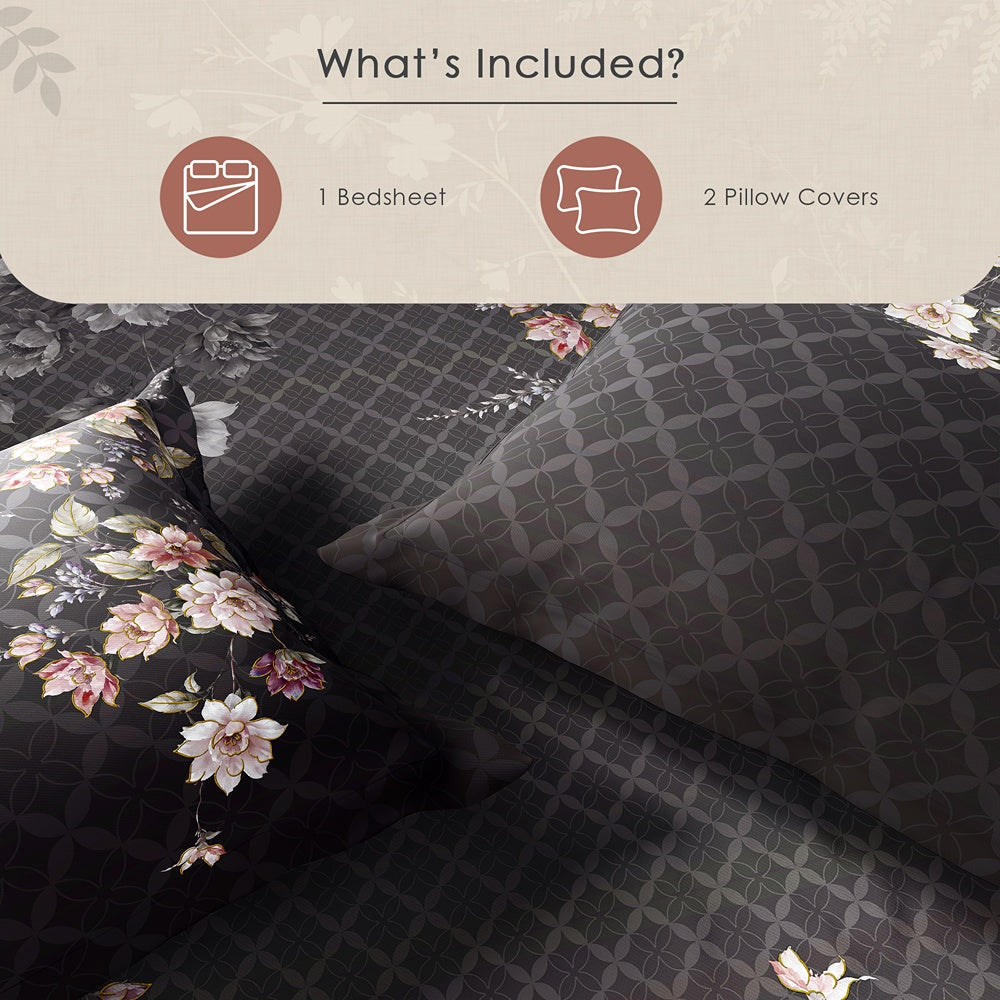 Spaces Avaris 100% Cotton 210 TC Floral Large Bedsheet with 2 Pillow Covers - 108 x 108 Inches, Dark Brown