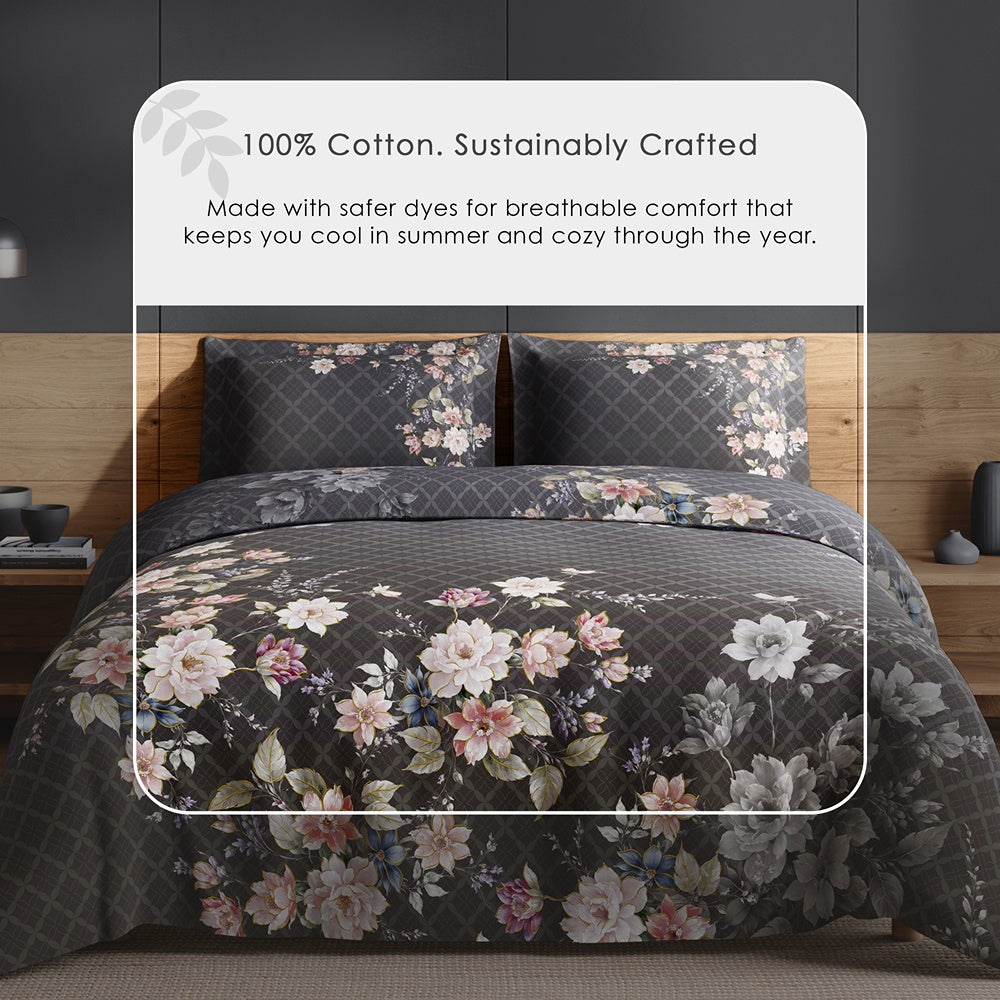 Spaces Avaris 100% Cotton 210 TC Floral Large Bedsheet with 2 Pillow Covers - 108 x 108 Inches, Dark Brown