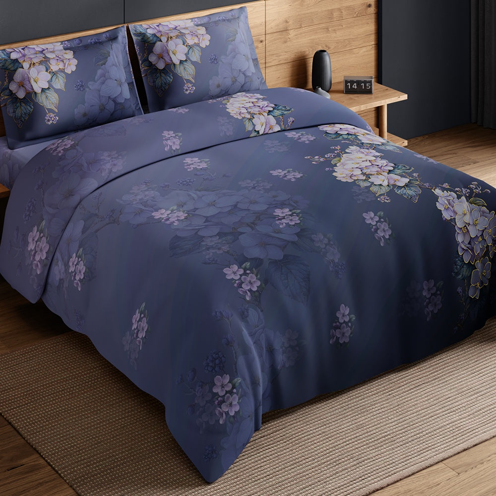 Spaces Avaris 100% Cotton 210 TC Floral Large Bedsheet with 2 Pillow Covers - 108 x 108 Inches, Dark Violet