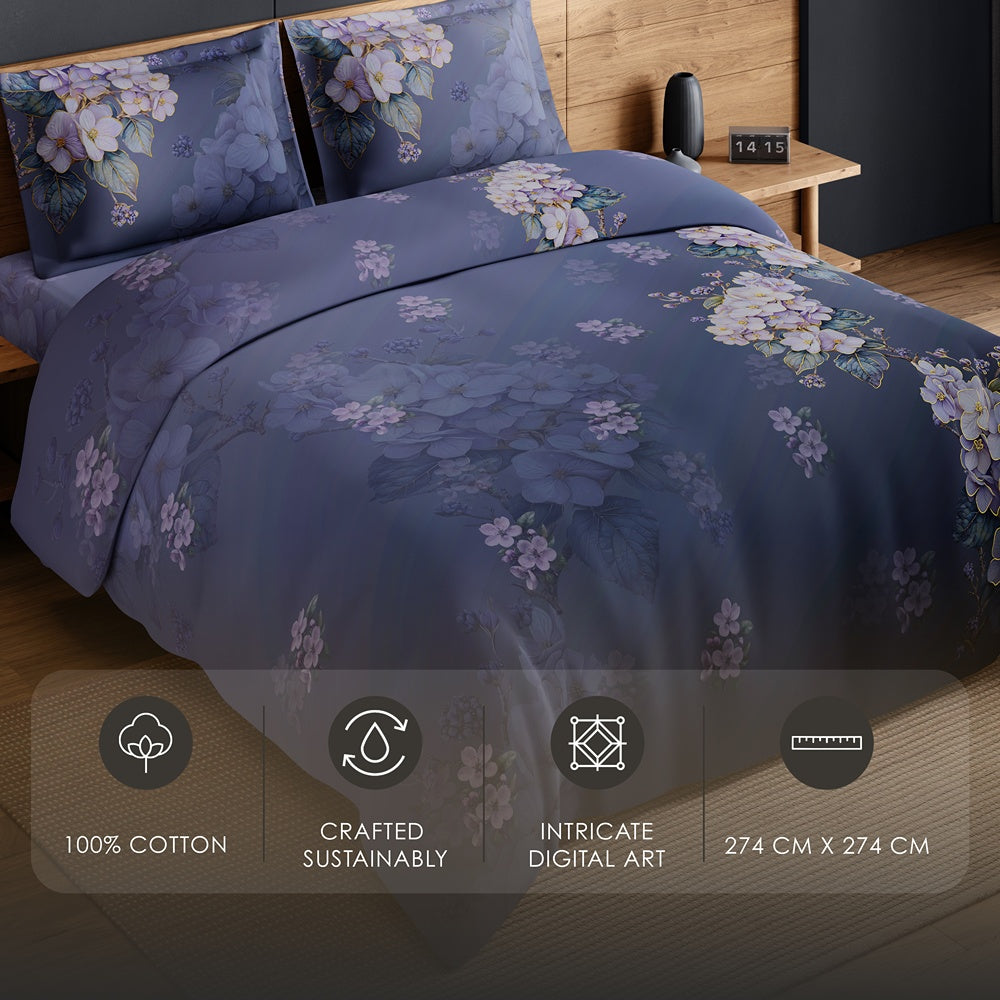 Spaces Avaris 100% Cotton 210 TC Floral Large Bedsheet with 2 Pillow Covers - 108 x 108 Inches, Dark Violet