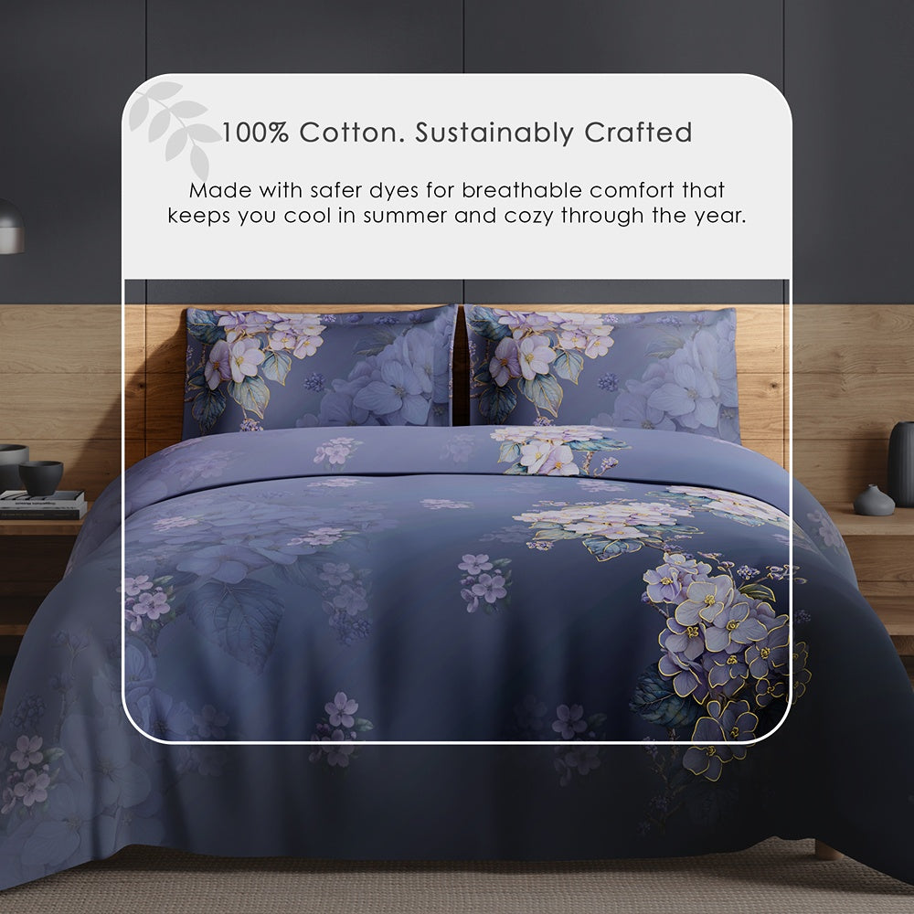 Spaces Avaris 100% Cotton 210 TC Floral Large Bedsheet with 2 Pillow Covers - 108 x 108 Inches, Dark Violet