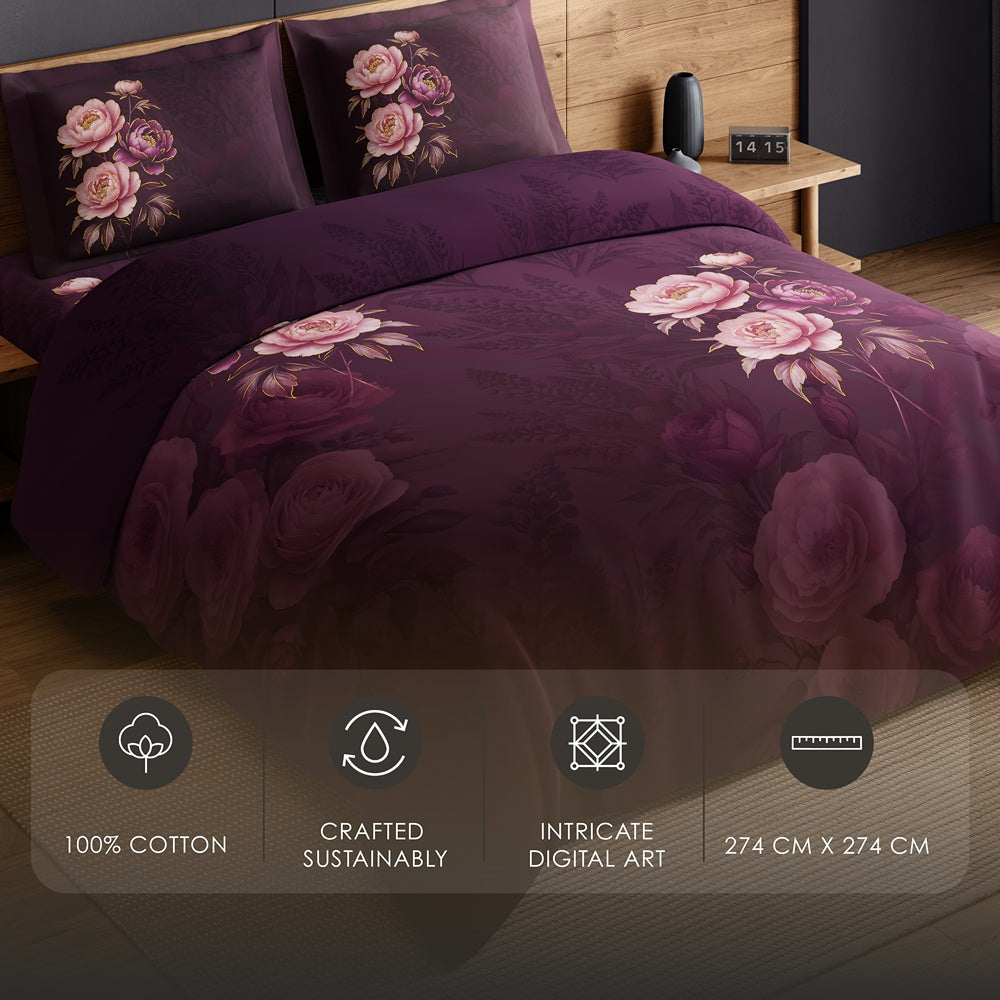 Spaces Avaris 100% Cotton 210 TC Floral Large Bedsheet with 2 Pillow Covers - 108 x 108 Inches, Dark Pink