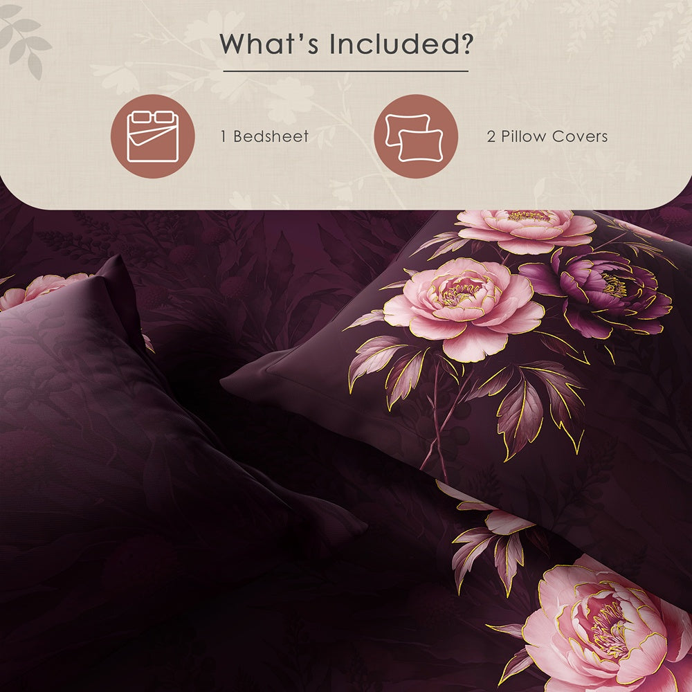 Spaces Avaris 100% Cotton 210 TC Floral Large Bedsheet with 2 Pillow Covers - 108 x 108 Inches, Dark Pink