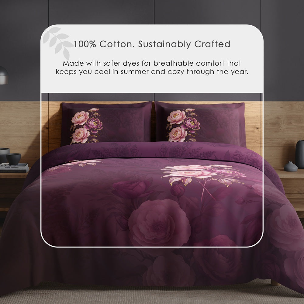 Spaces Avaris 100% Cotton 210 TC Floral Large Bedsheet with 2 Pillow Covers - 108 x 108 Inches, Dark Pink