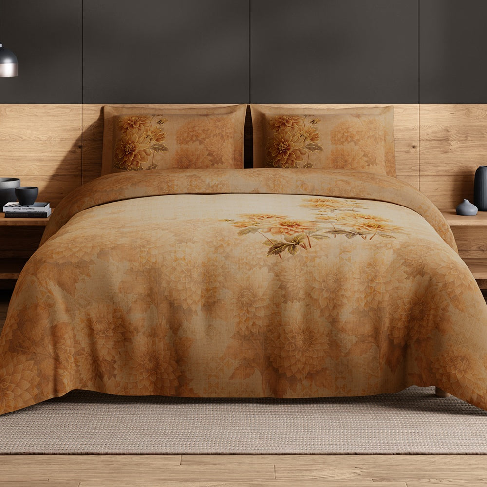 Spaces Avaris 100% Cotton 210 TC Floral Large Bedsheet with 2 Pillow Covers - 108 x 108 Inches, Dark Orange