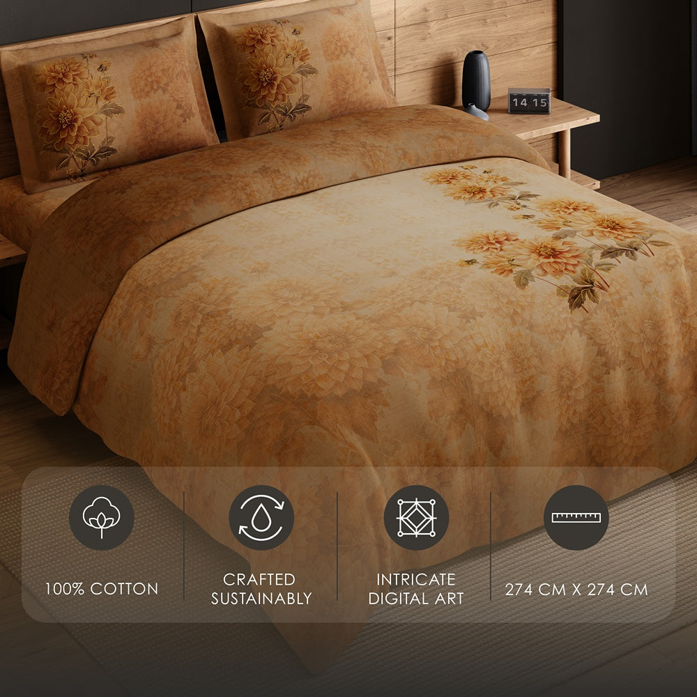 Spaces Avaris 100% Cotton 210 TC Floral Large Bedsheet with 2 Pillow Covers - 108 x 108 Inches, Dark Orange