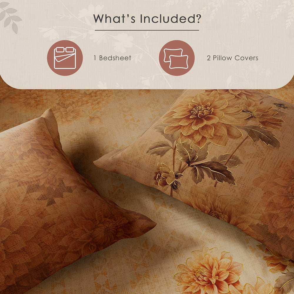 Spaces Avaris 100% Cotton 210 TC Floral Large Bedsheet with 2 Pillow Covers - 108 x 108 Inches, Dark Orange