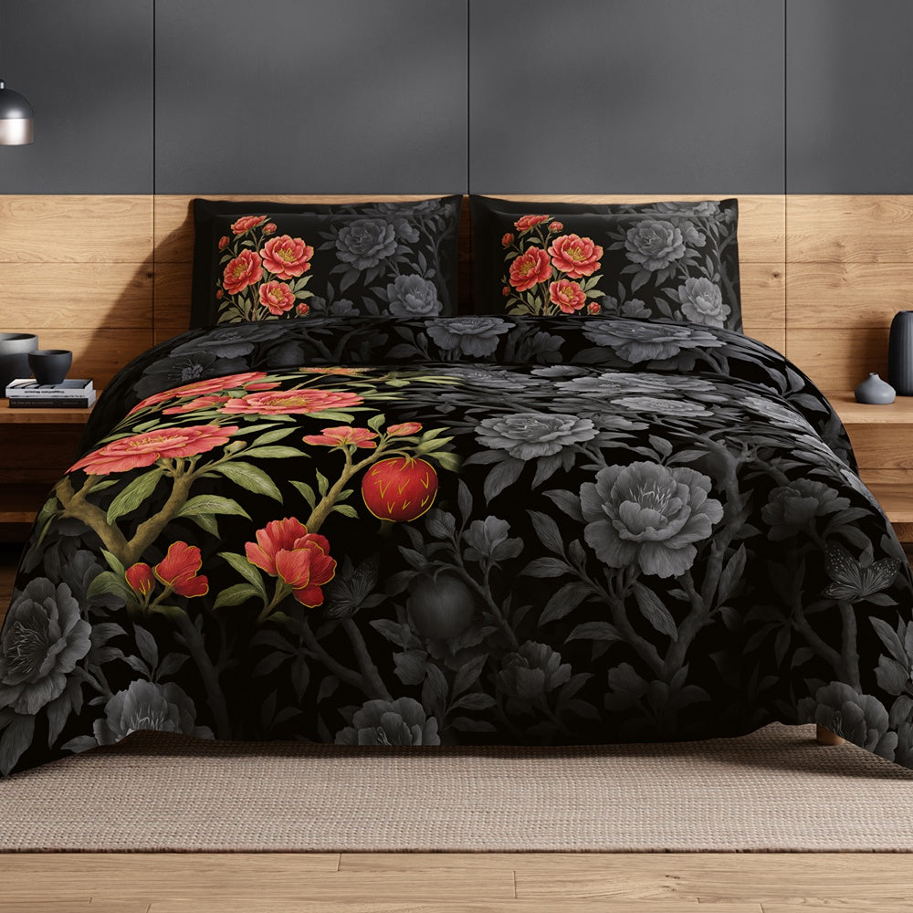 Spaces Avaris 100% Cotton 210 TC Floral Large Bedsheet with 2 Pillow Covers - 108 x 108 Inches, Black