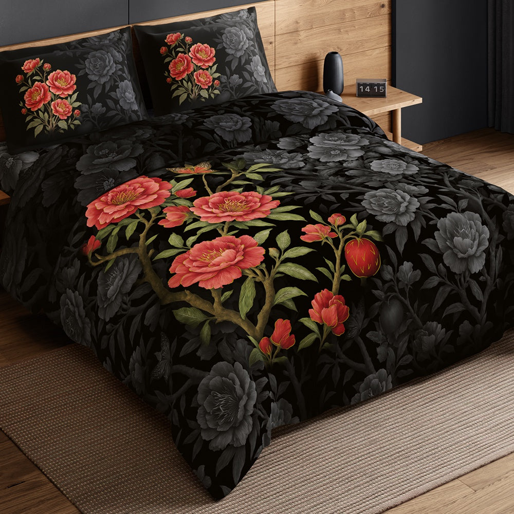 Spaces Avaris 100% Cotton 210 TC Floral Large Bedsheet with 2 Pillow Covers - 108 x 108 Inches, Black