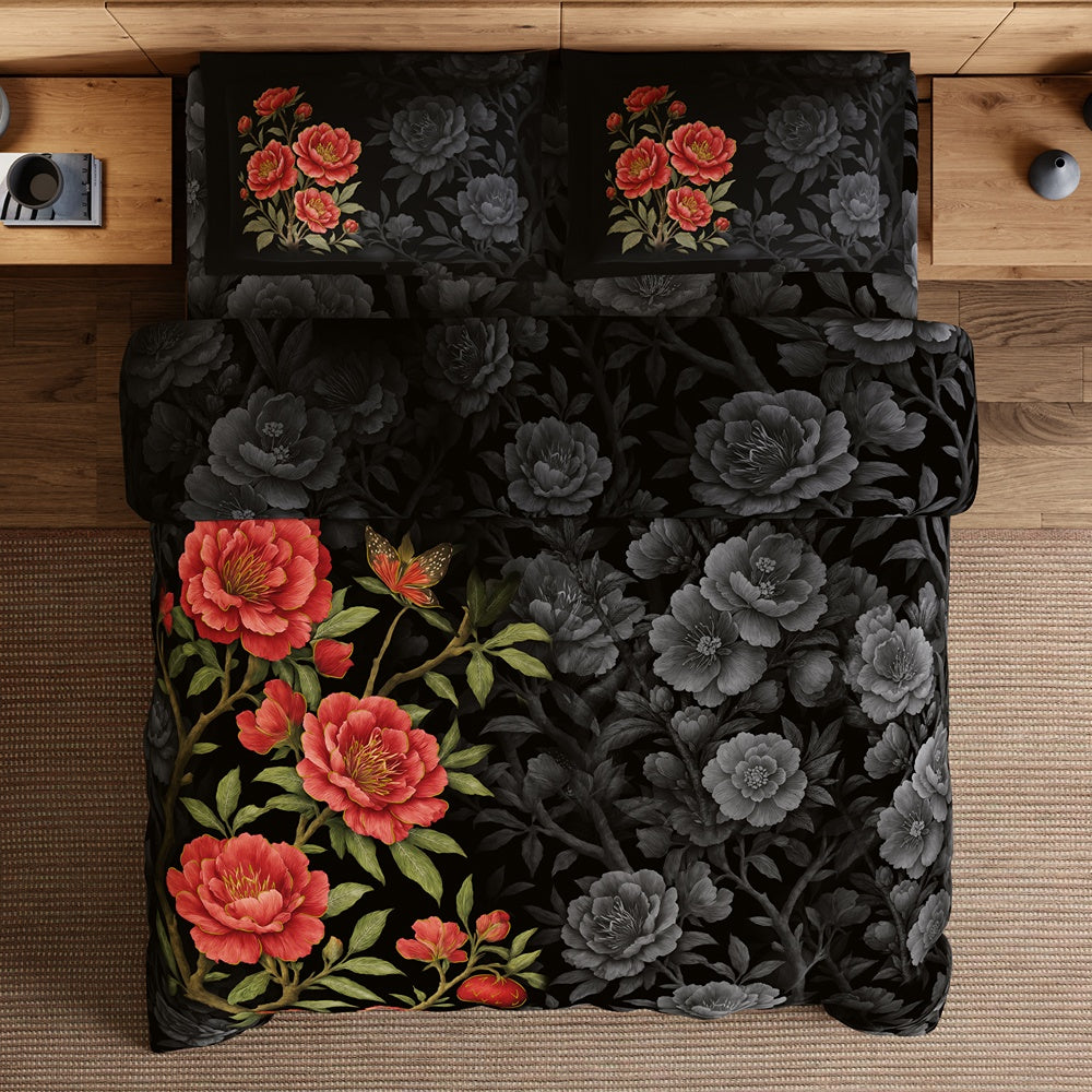 Spaces Avaris 100% Cotton 210 TC Floral Large Bedsheet with 2 Pillow Covers - 108 x 108 Inches, Black