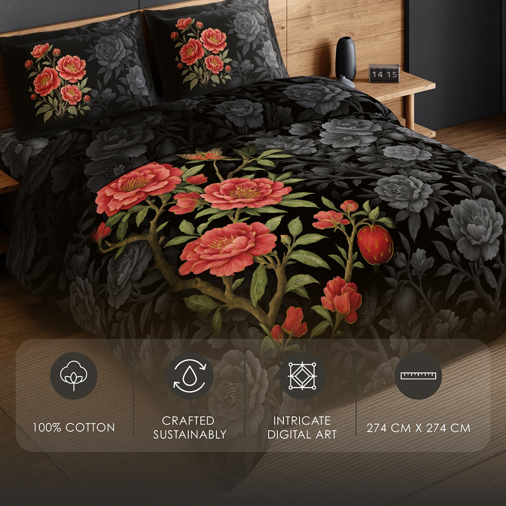 Spaces Avaris 100% Cotton 210 TC Floral Large Bedsheet with 2 Pillow Covers - 108 x 108 Inches, Black