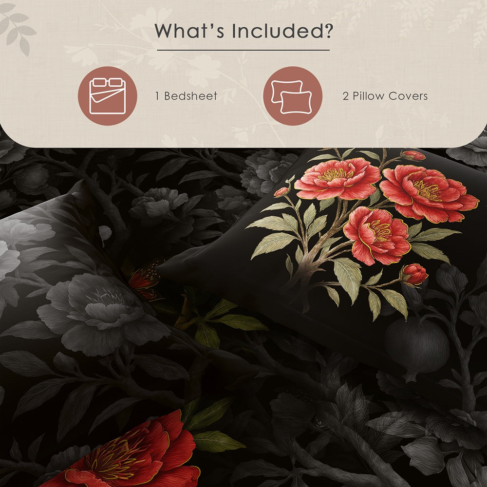 Spaces Avaris 100% Cotton 210 TC Floral Large Bedsheet with 2 Pillow Covers - 108 x 108 Inches, Black
