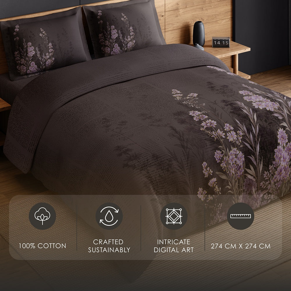 Spaces Avaris 100% Cotton 210 TC Floral Coffee Quartz Large Bedsheet with 2 Pillow Covers - 108 x 108 Inches, Dark Brown