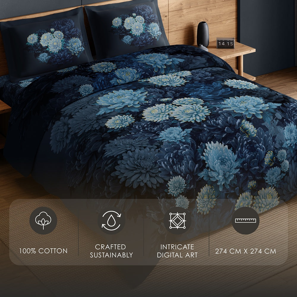 Spaces Avaris 100% Cotton 210 TC Floral Large Bedsheet with 2 Pillow Covers - 108 x 108 Inches, Dark Green