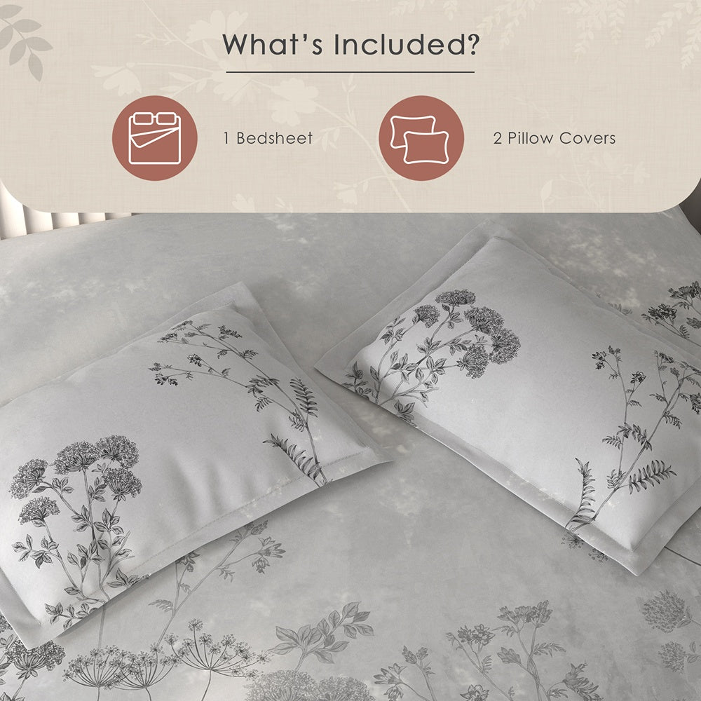 Spaces Vortex Floral 100% Cotton Crafted Comfort Large Bedsheet with 2 Pillow Covers - 108 x 108 Inches, Light Grey