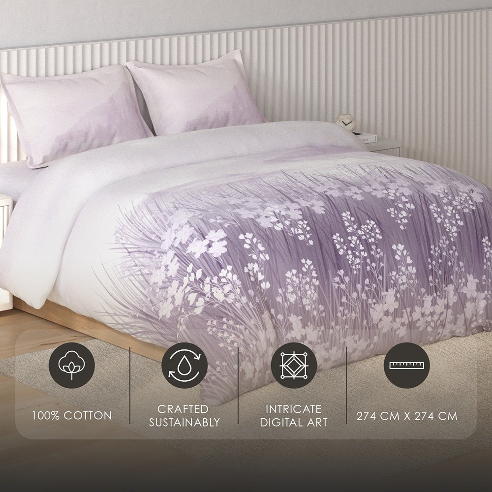 Spaces Vortex Floral 100% Cotton Crafted Comfort Large Bedsheet with 2 Pillow Covers - 108 x 108 Inches, Light Violet