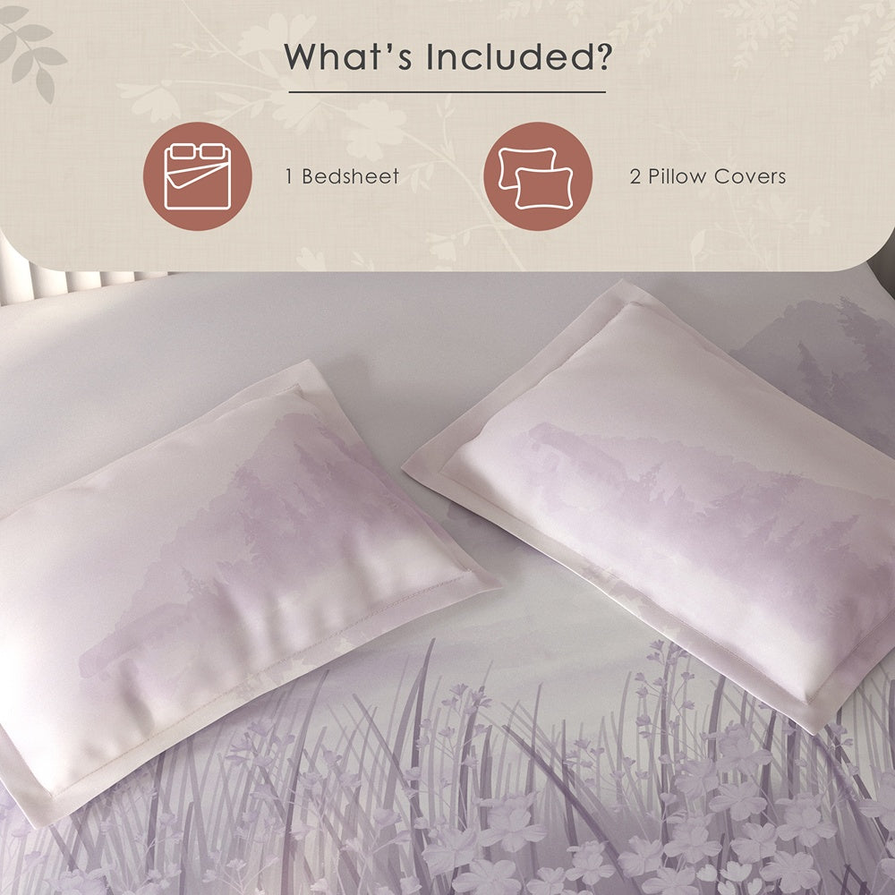 Spaces Vortex Floral 100% Cotton Crafted Comfort Large Bedsheet with 2 Pillow Covers - 108 x 108 Inches, Light Violet