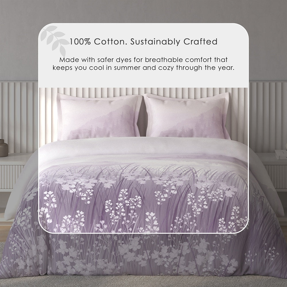 Spaces Vortex Floral 100% Cotton Crafted Comfort Large Bedsheet with 2 Pillow Covers - 108 x 108 Inches, Light Violet