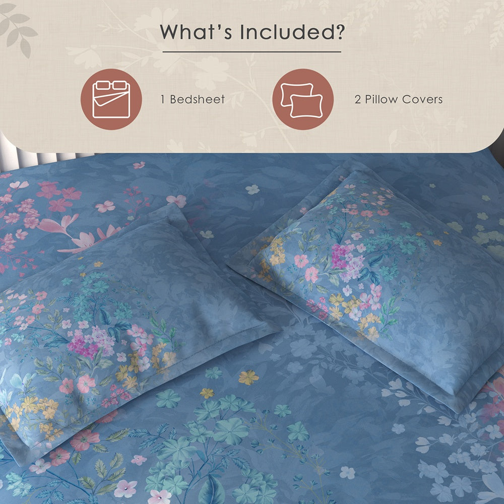 Spaces Vortex Floral 100% Cotton Crafted Comfort Large Bedsheet with 2 Pillow Covers - 108 x 108 Inches, Light Blue
