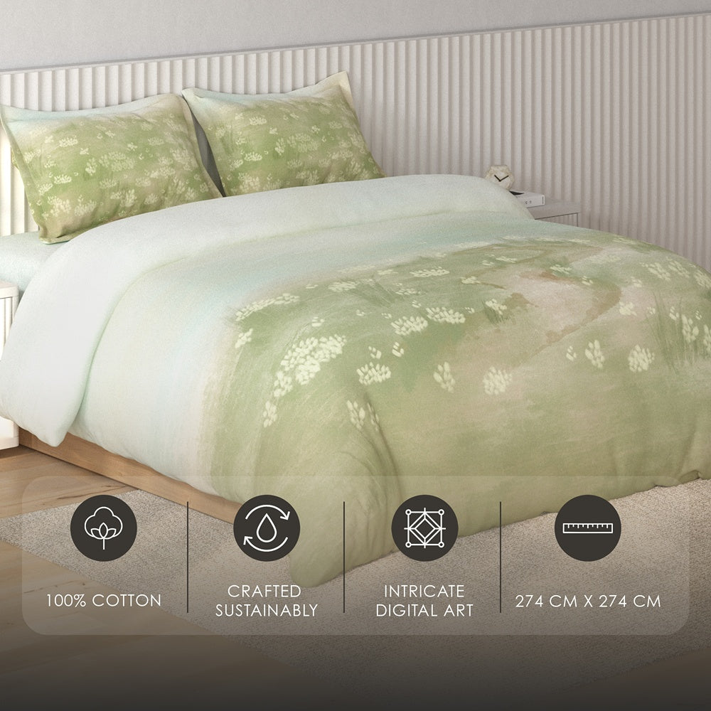 Spaces Vortex Floral 100% Cotton Crafted Comfort Large Bedsheet with 2 Pillow Covers - 108 x 108 Inches, Light Green