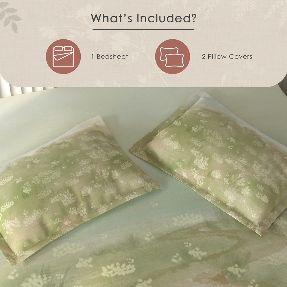 Spaces Vortex Floral 100% Cotton Crafted Comfort Large Bedsheet with 2 Pillow Covers - 108 x 108 Inches, Light Green