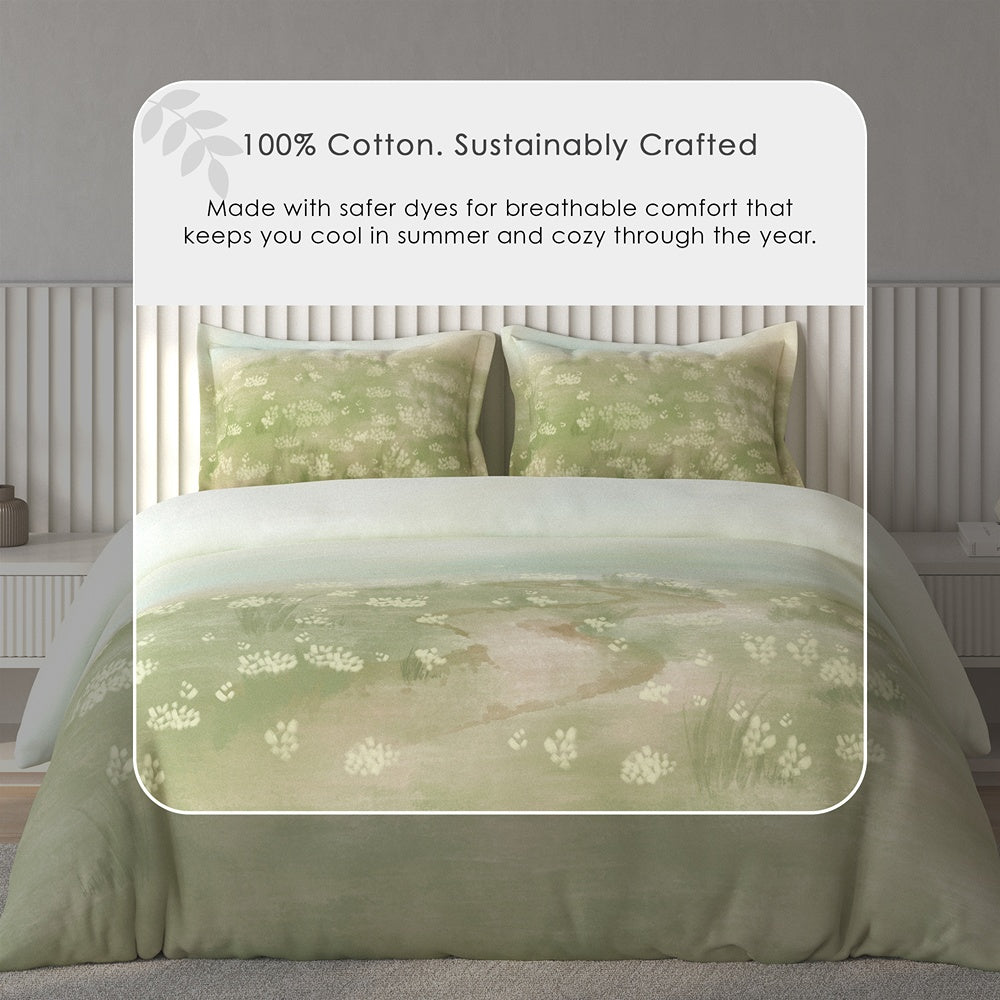 Spaces Vortex Floral 100% Cotton Crafted Comfort Large Bedsheet with 2 Pillow Covers - 108 x 108 Inches, Light Green