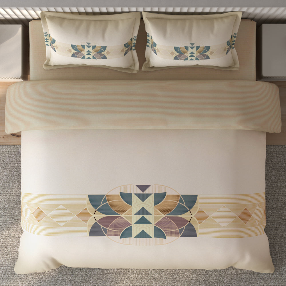 Spaces Vortex Geometric 100% Cotton Crafted Comfort Large Bedsheet with 2 Pillow Covers - 108 x 108 Inches, Beige