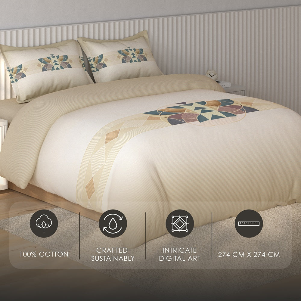 Spaces Vortex Geometric 100% Cotton Crafted Comfort Large Bedsheet with 2 Pillow Covers - 108 x 108 Inches, Beige