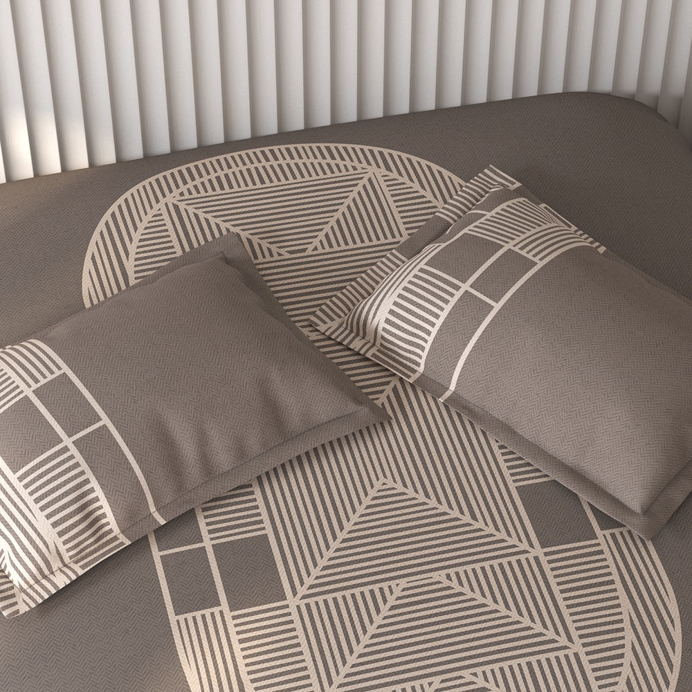 Spaces Vortex Geometric 100% Cotton Crafted Comfort Large Bedsheet with 2 Pillow Covers - 108 x 108 Inches, Brown