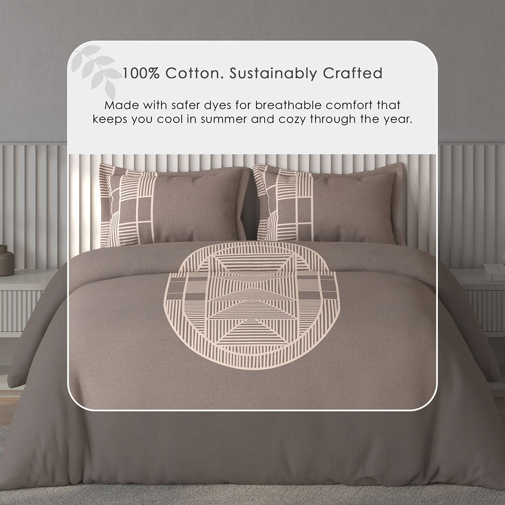 Spaces Vortex Geometric 100% Cotton Crafted Comfort Large Bedsheet with 2 Pillow Covers - 108 x 108 Inches, Brown