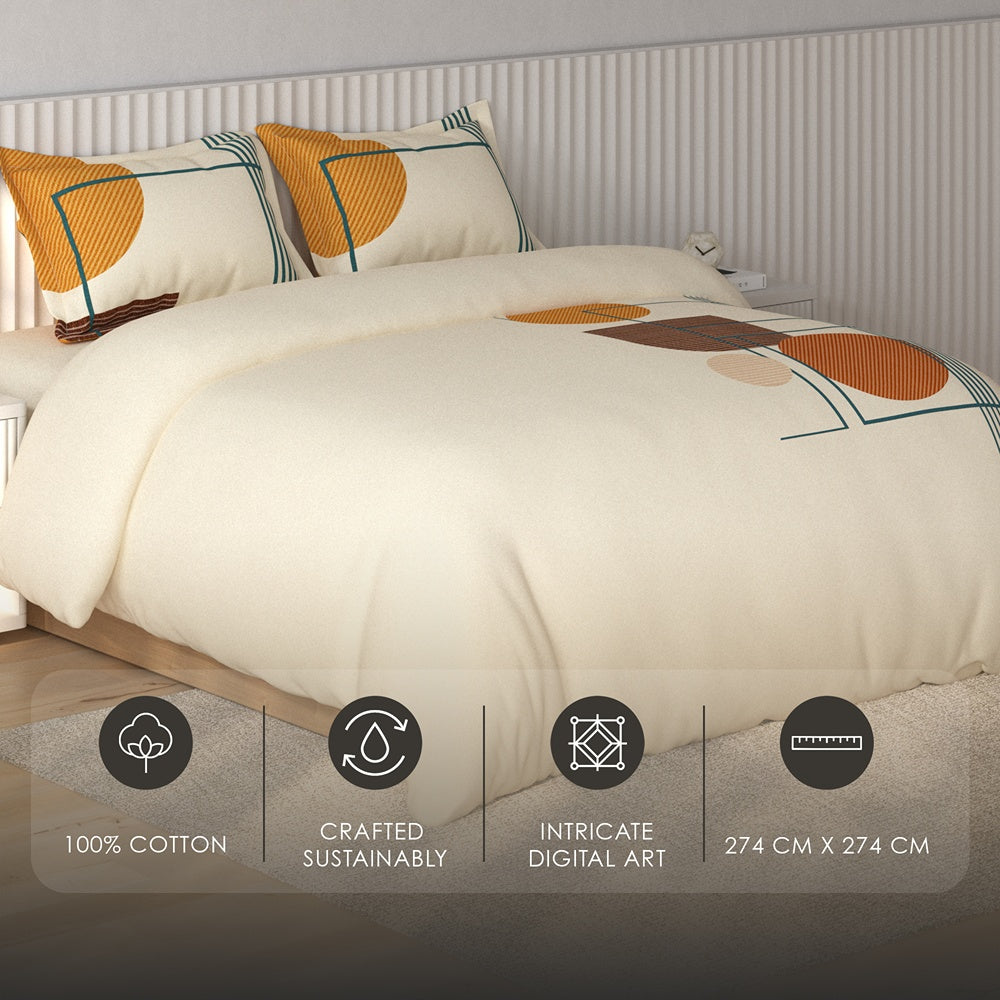 Spaces Vortex Geometric 100% Cotton Crafted Comfort Large Bedsheet with 2 Pillow Covers - 108 x 108 Inches, Light Yellow