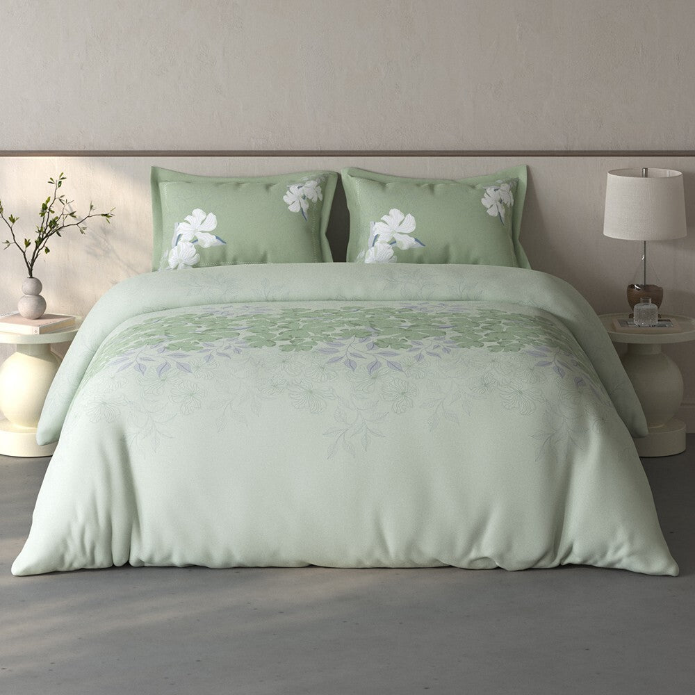 Spaces Fiora Floral 100% Cotton Large Bedsheet with 2 Pillow Covers - 108 x 108 Inches, Light Aqua