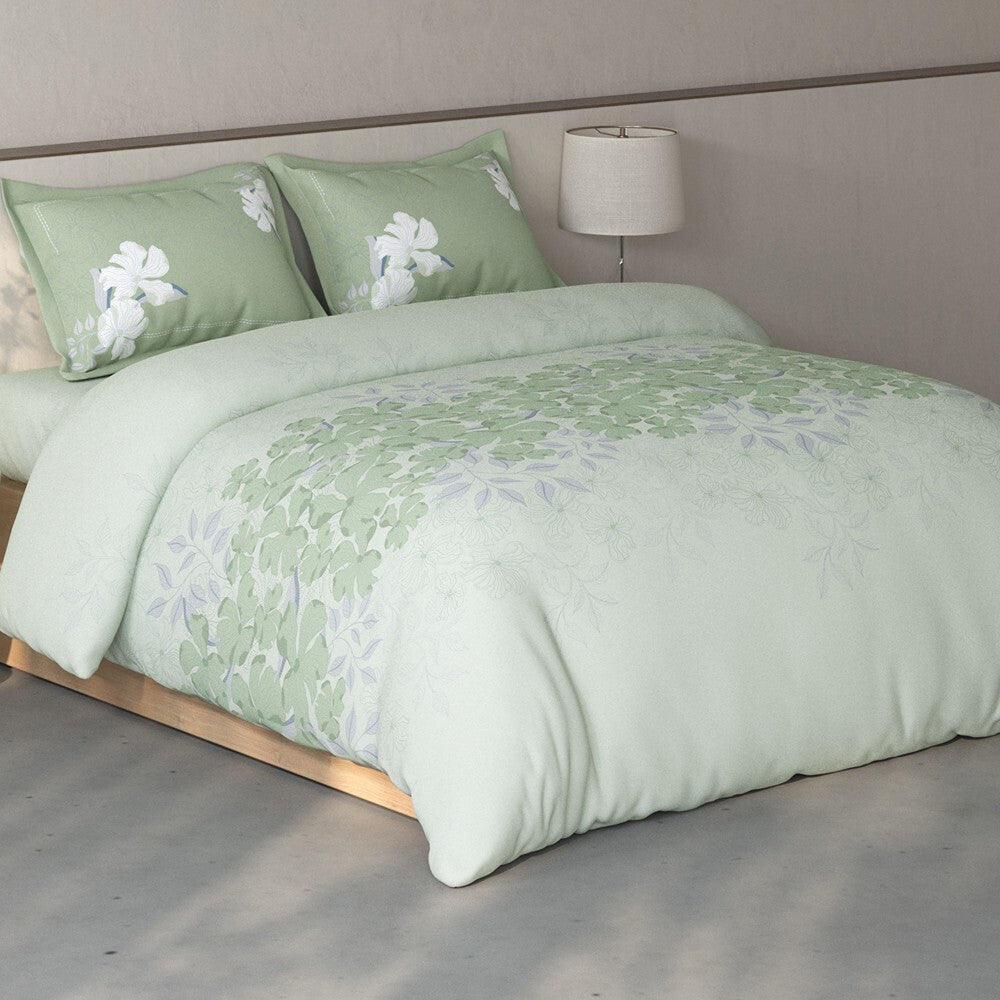 Spaces Fiora Floral 100% Cotton Large Bedsheet with 2 Pillow Covers - 108 x 108 Inches, Light Aqua