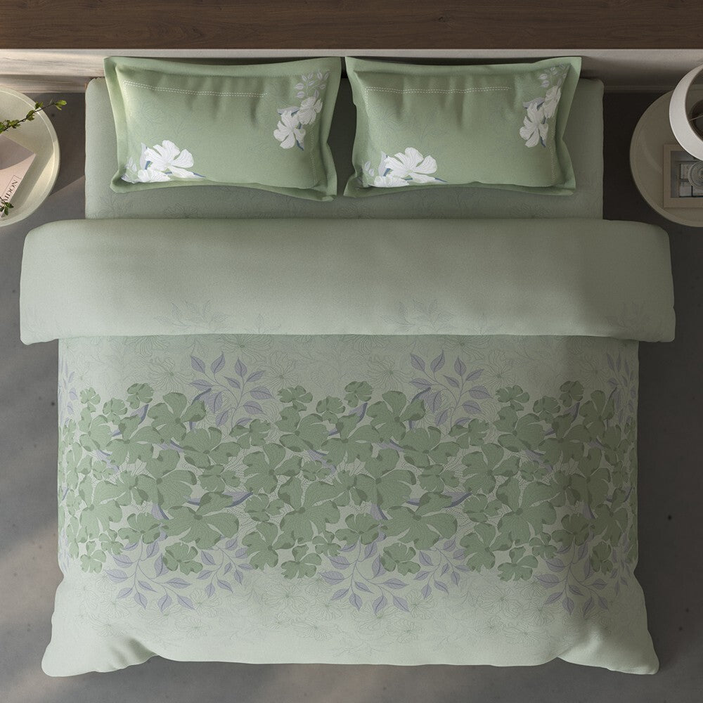 Spaces Fiora Floral 100% Cotton Large Bedsheet with 2 Pillow Covers - 108 x 108 Inches, Light Aqua