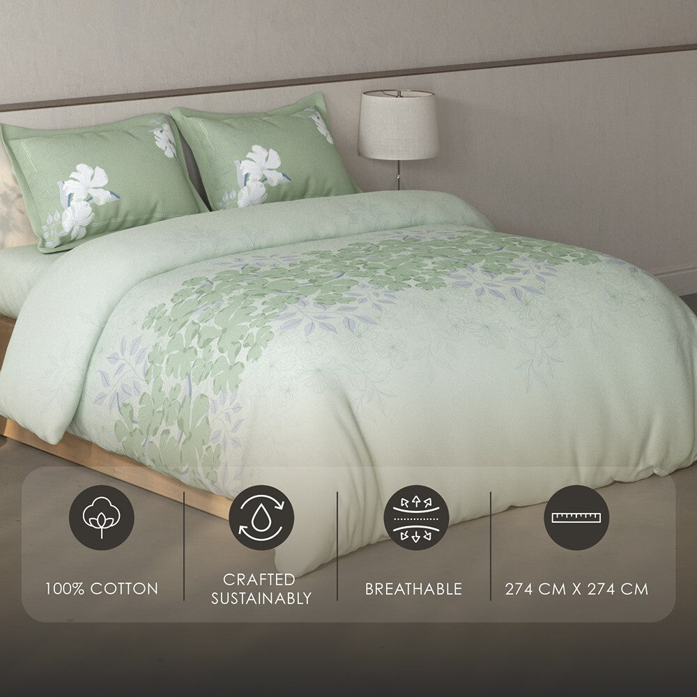 Spaces Fiora Floral 100% Cotton Large Bedsheet with 2 Pillow Covers - 108 x 108 Inches, Light Aqua