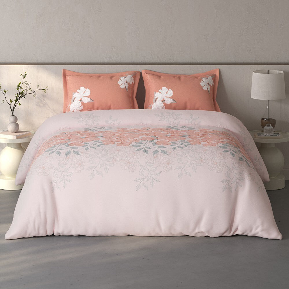 Spaces Fiora Floral 100% Cotton Large Bedsheet with 2 Pillow Covers - 108 x 108 Inches, Light Pink