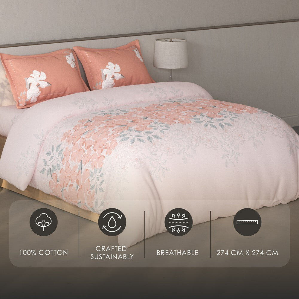 Spaces Fiora Floral 100% Cotton Large Bedsheet with 2 Pillow Covers - 108 x 108 Inches, Light Pink