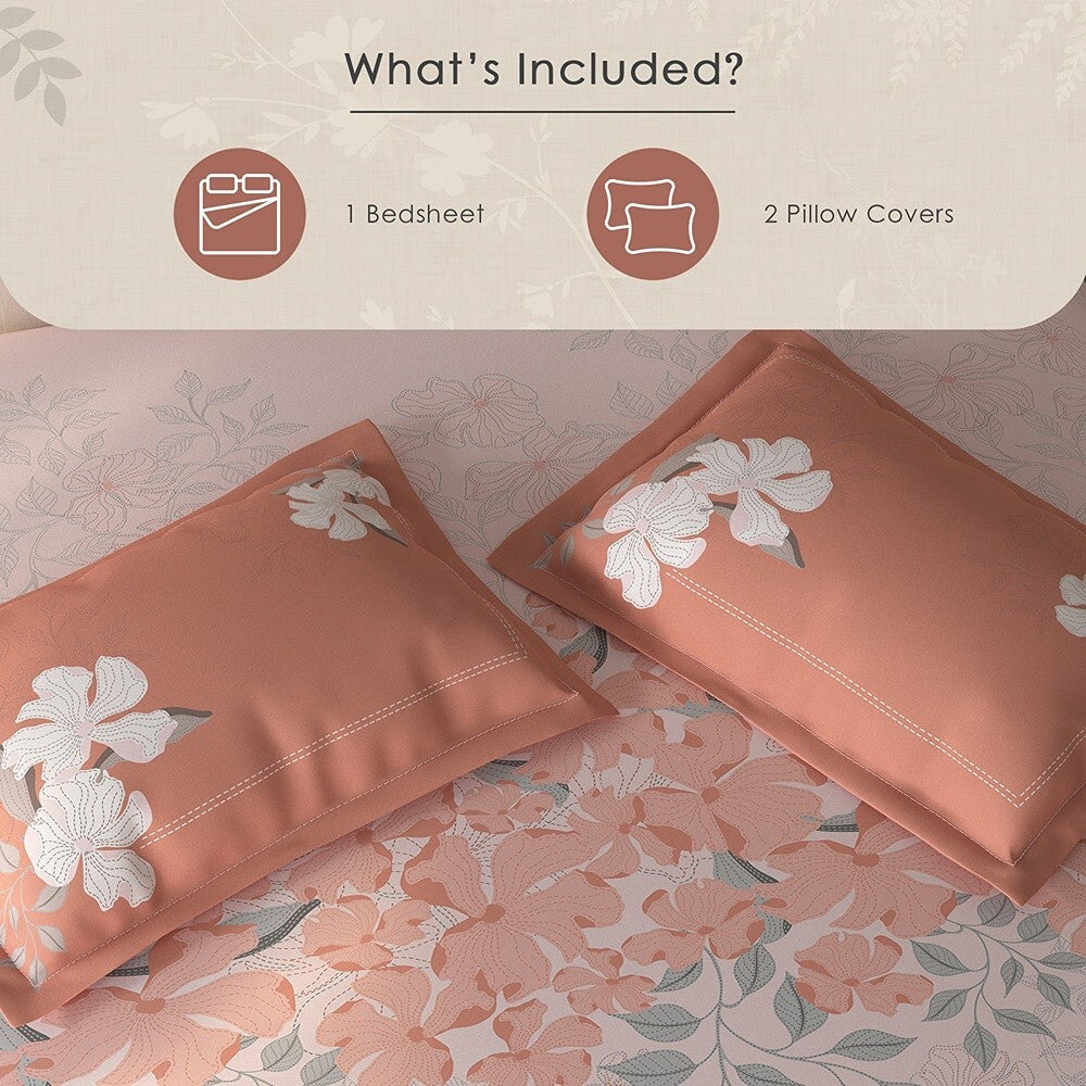 Spaces Fiora Floral 100% Cotton Large Bedsheet with 2 Pillow Covers - 108 x 108 Inches, Light Pink