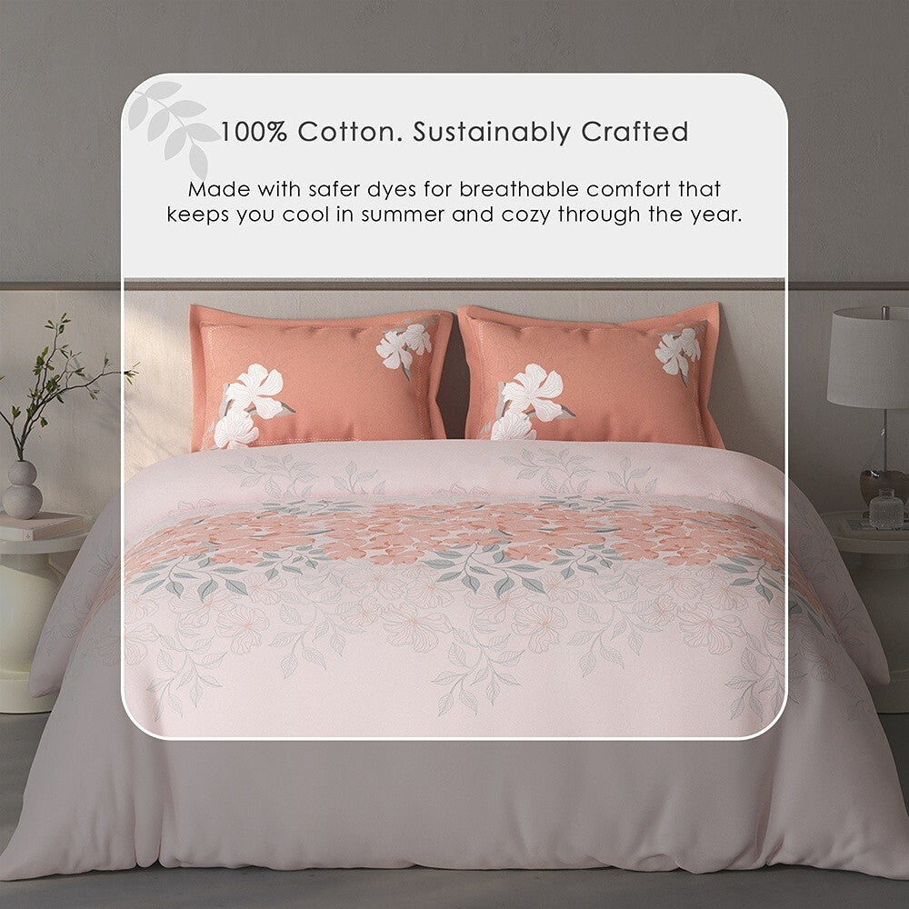 Spaces Fiora Floral 100% Cotton Large Bedsheet with 2 Pillow Covers - 108 x 108 Inches, Light Pink