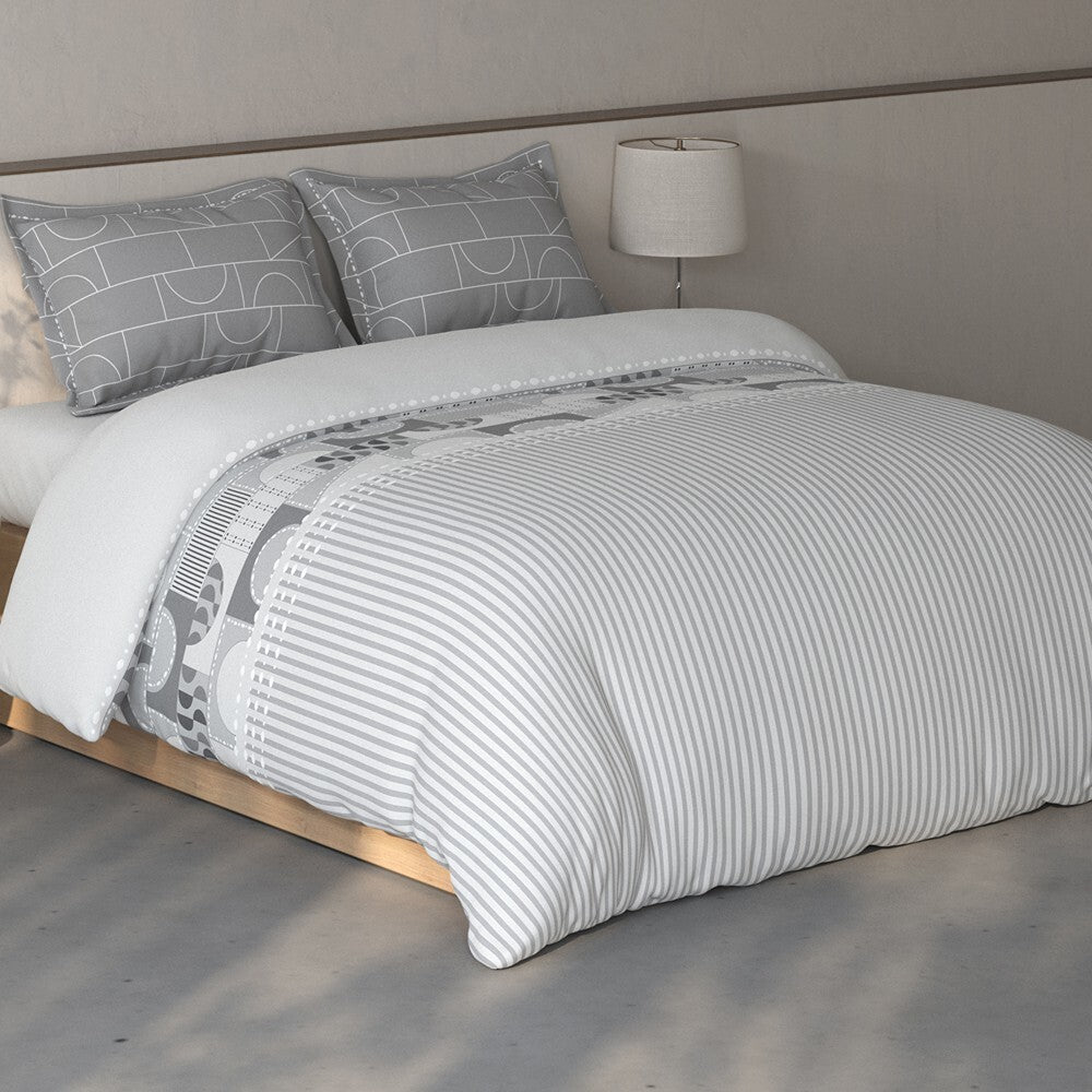 Spaces Fiora Geometric 100% Cotton Large Bedsheet with 2 Pillow Covers - 108 x 108 Inches, Light Grey