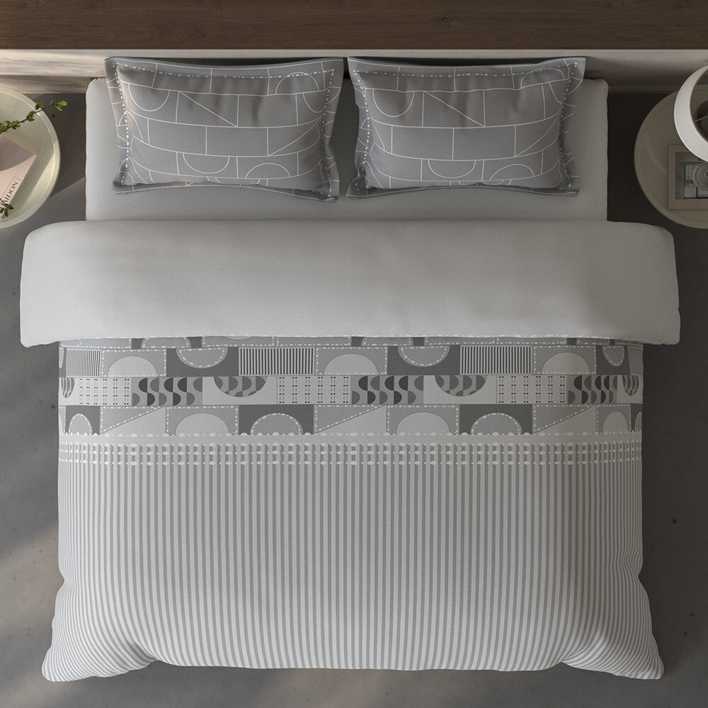 Spaces Fiora Geometric 100% Cotton Large Bedsheet with 2 Pillow Covers - 108 x 108 Inches, Light Grey