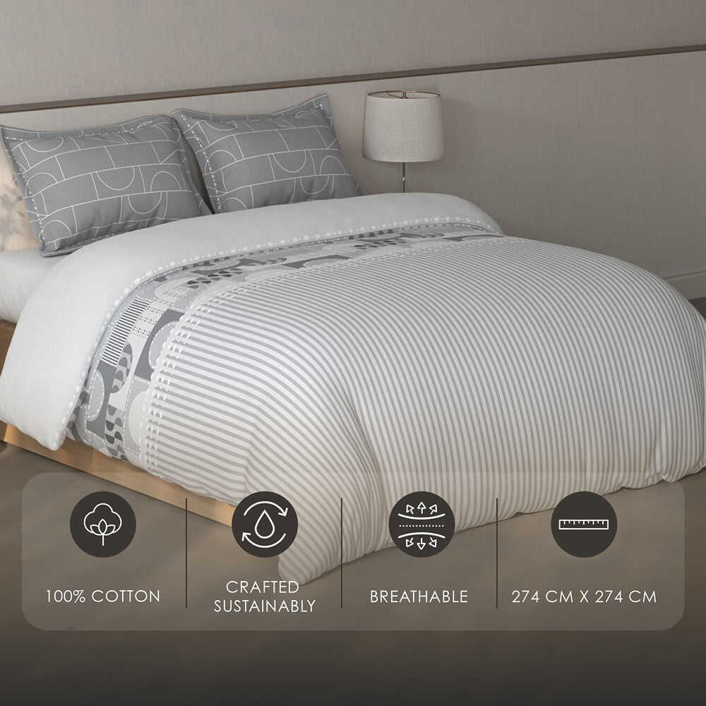 Spaces Fiora Geometric 100% Cotton Large Bedsheet with 2 Pillow Covers - 108 x 108 Inches, Light Grey