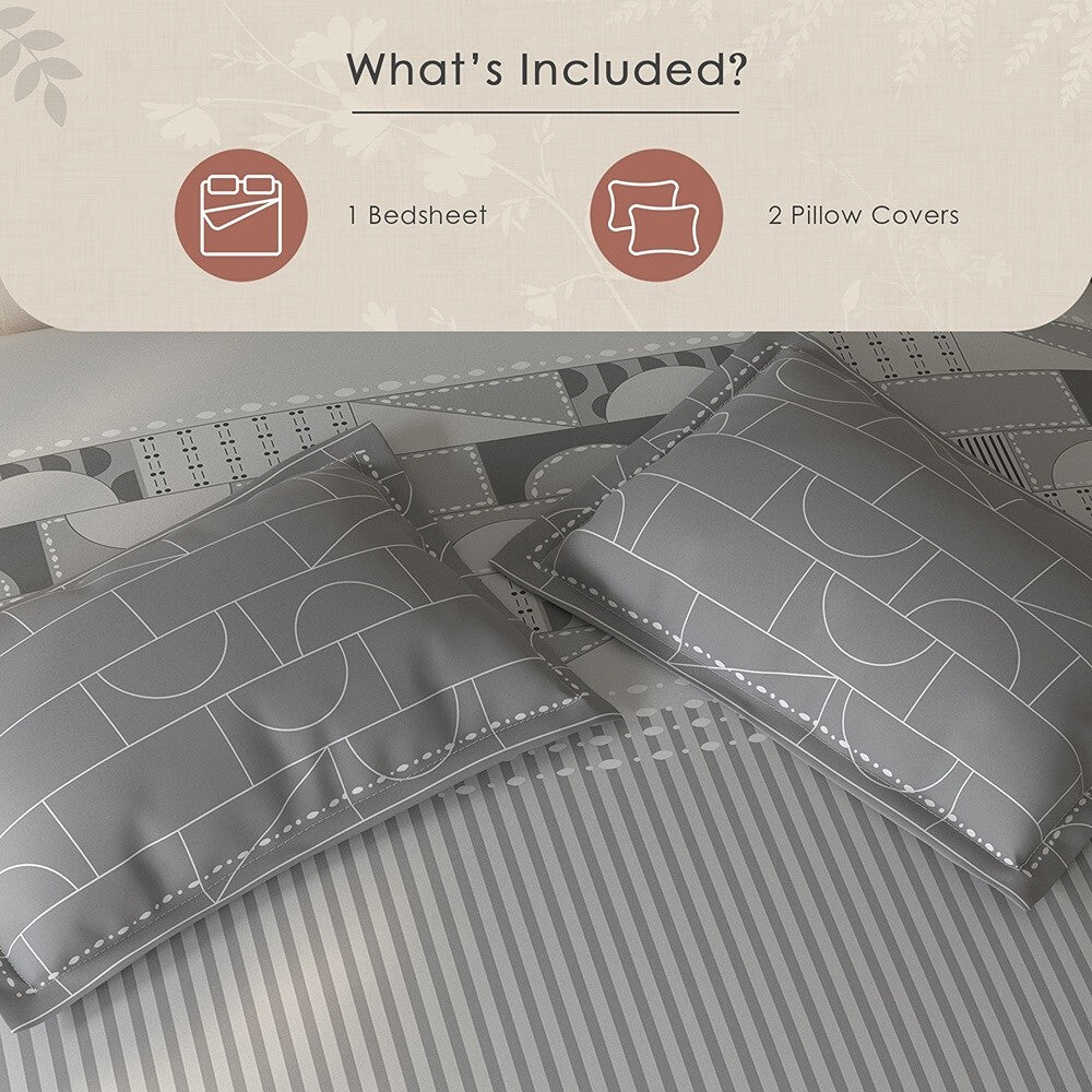 Spaces Fiora Geometric 100% Cotton Large Bedsheet with 2 Pillow Covers - 108 x 108 Inches, Light Grey