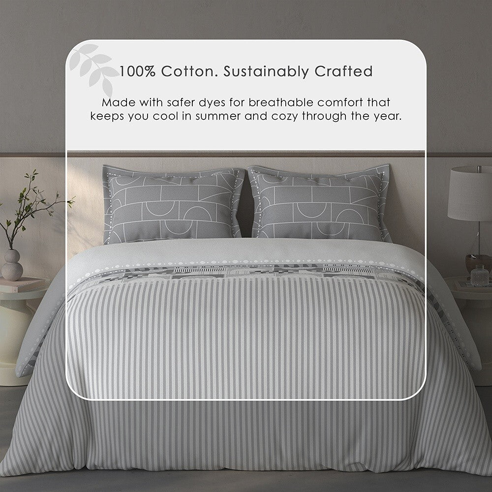 Spaces Fiora Geometric 100% Cotton Large Bedsheet with 2 Pillow Covers - 108 x 108 Inches, Light Grey