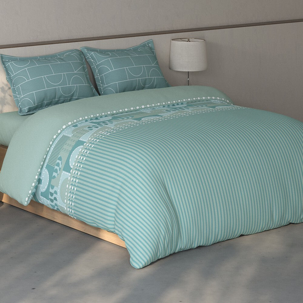 Spaces Fiora Geometric 100% Cotton Large Bedsheet with 2 Pillow Covers - 108 x 108 Inches, Light Green