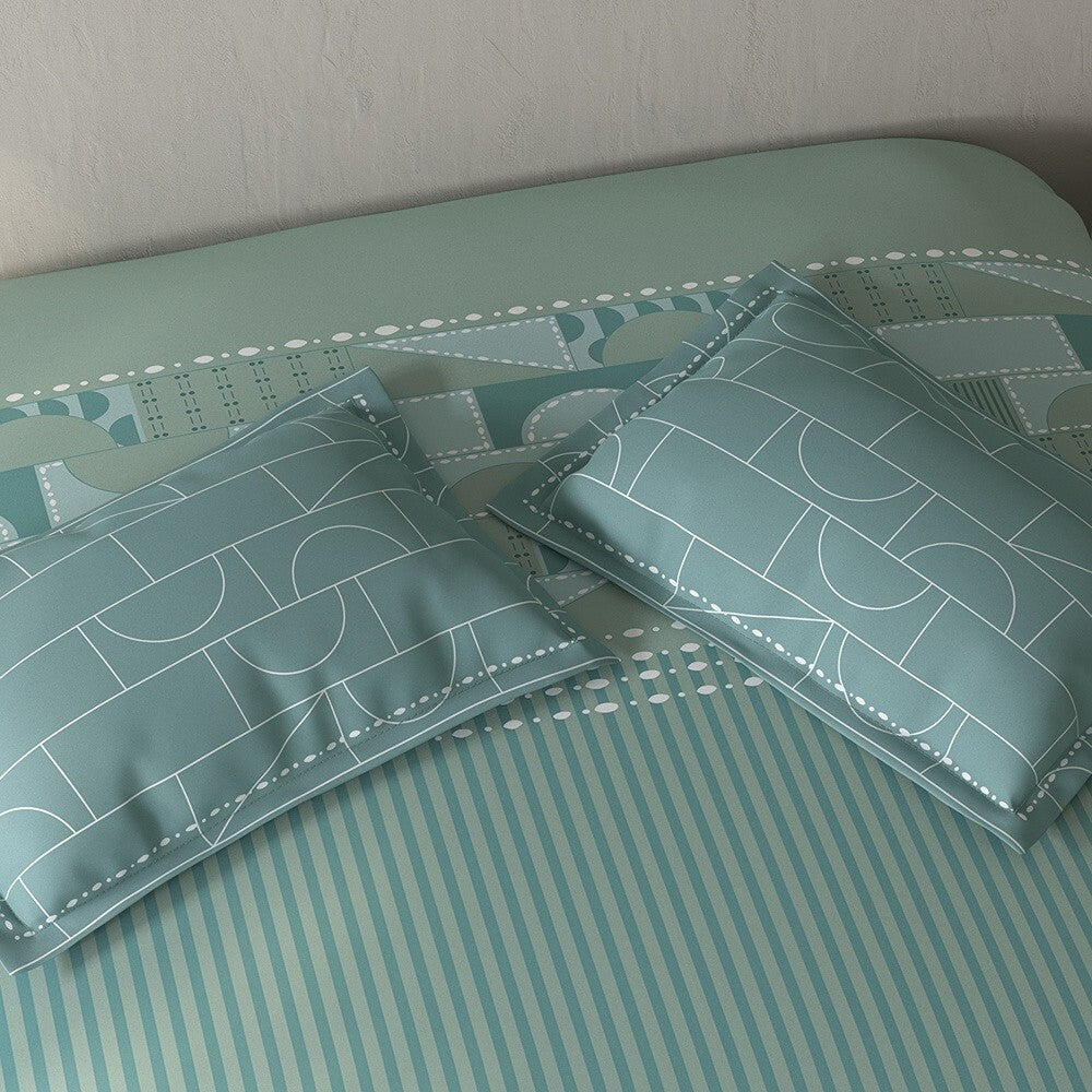 Spaces Fiora Geometric 100% Cotton Large Bedsheet with 2 Pillow Covers - 108 x 108 Inches, Light Green