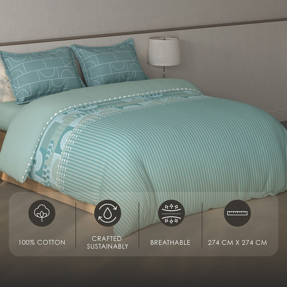 Spaces Fiora Geometric 100% Cotton Large Bedsheet with 2 Pillow Covers - 108 x 108 Inches, Light Green